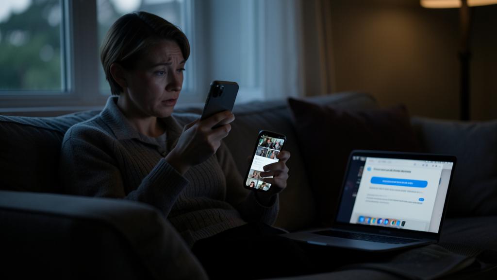 Eine Frau sitzt auf einem Sofa, hält zwei Smartphones und hat einen Laptop mit einer Web-Oberfläche daneben.