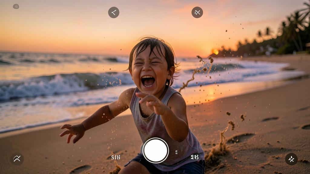 Un enfant rit et joue sur une plage au coucher du soleil, avec du sable qui vole autour, filmé en mode Live Photo.
