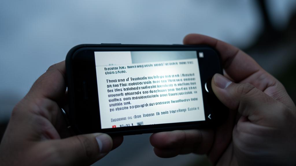A person holds a smartphone displaying an article in a dimly lit environment.
