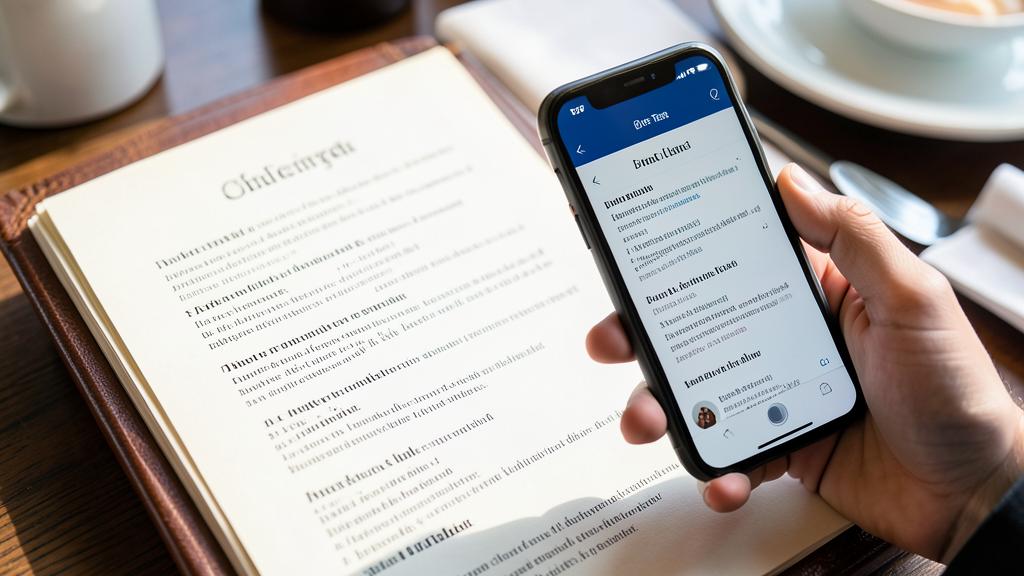 Une main tient un smartphone affichant une application de reconnaissance de texte avec un menu en arrière-plan.