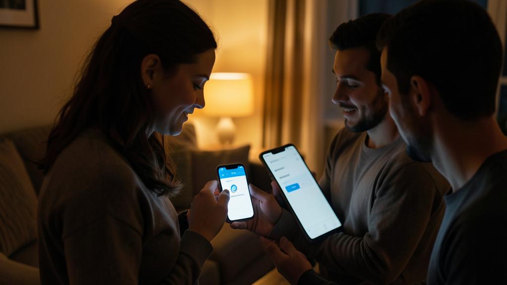 Trois personnes regardent leurs smartphones dans une pièce faiblement éclairée, affichant des écrans liés au partage de WiFi.