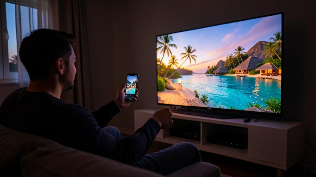 Un homme utilise son smartphone pour diffuser une plage tropicale sur sa télévision.