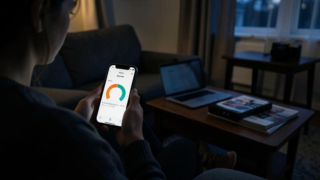 Una persona usa una aplicación de gestión de almacenamiento en su smartphone en una habitación con poca luz.