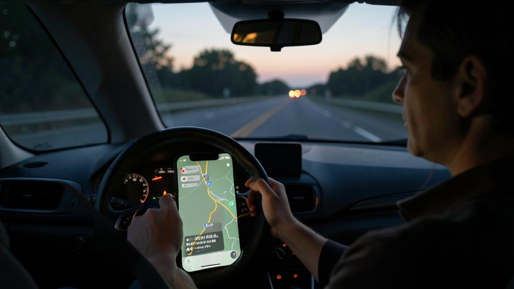 A person is driving while holding a smartphone with a navigation map, hands on the steering wheel.