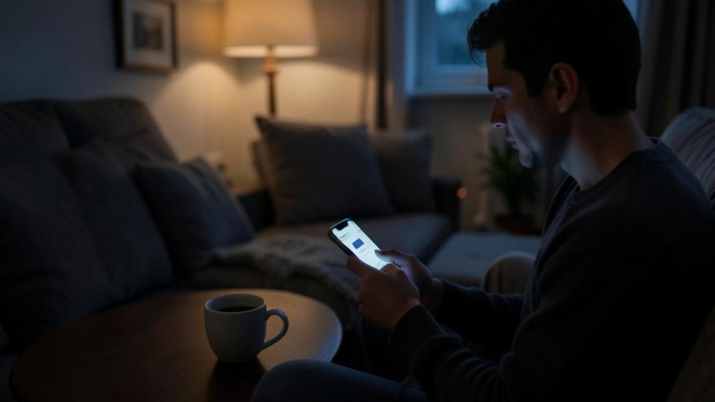 Un homme regarde son smartphone dans une pièce faiblement éclairée, avec une tasse de café à côté.