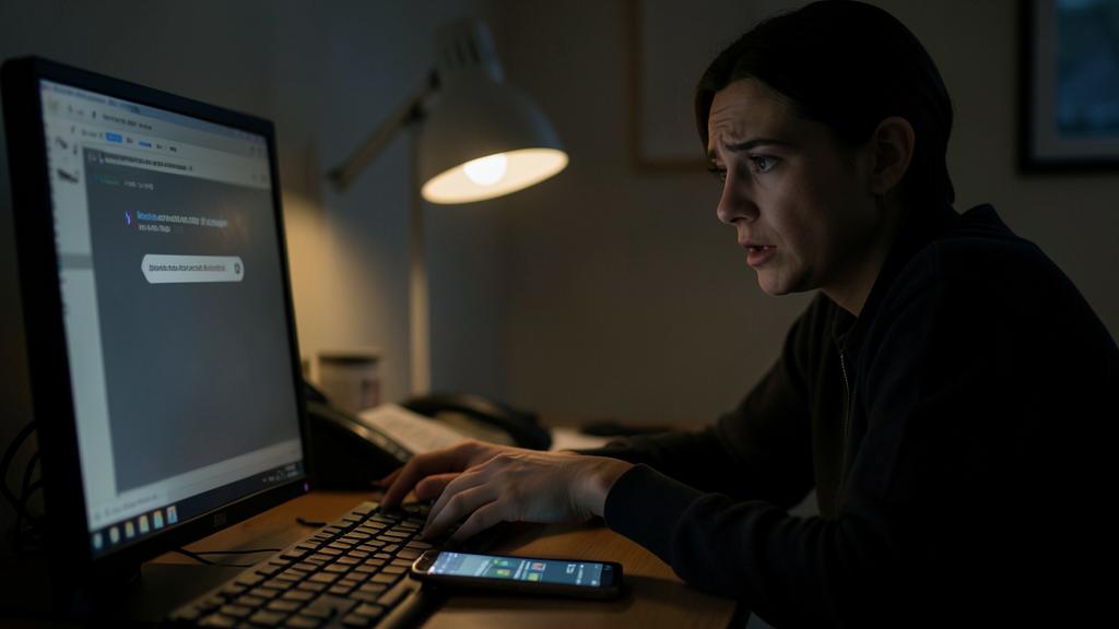 Une femme semble inquiète devant un ordinateur dans une pièce sombre, éclairée par une lampe.
