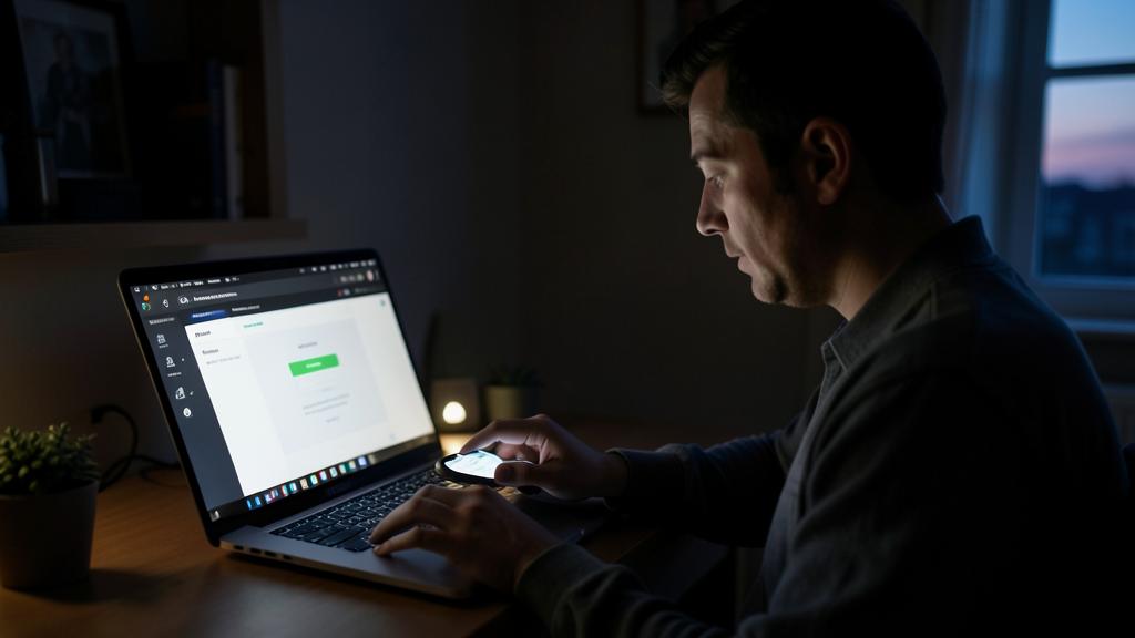 Un hombre usa una computadora portátil y un teléfono inteligente en una habitación tenuemente iluminada.