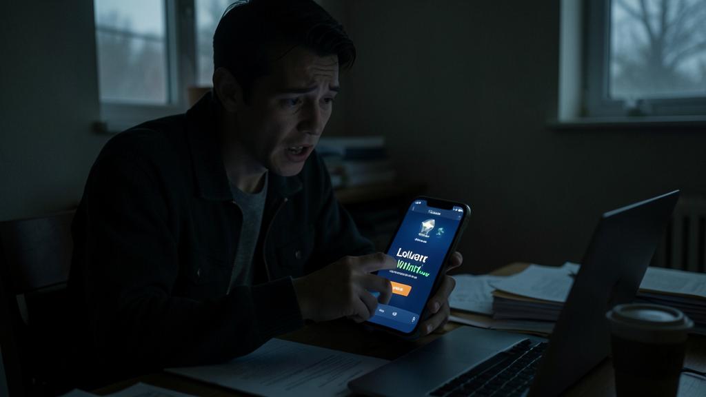 Un homme regarde son téléphone avec une expression choquée, affichant un message de loterie frauduleux.