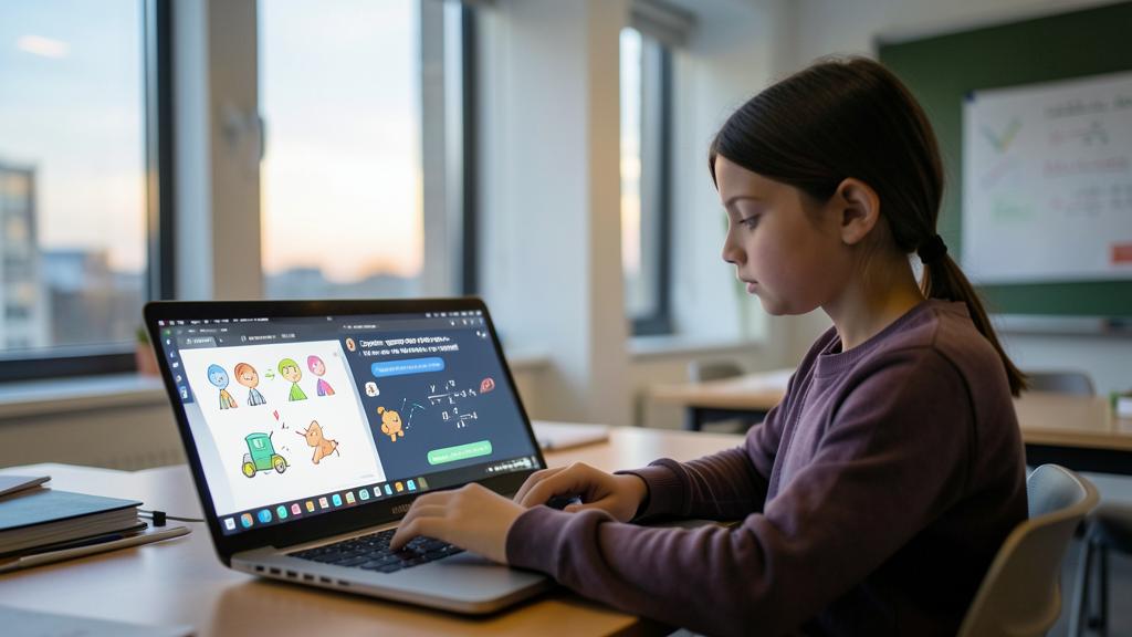 Une jeune fille utilise un ordinateur portable en classe, affichant une interface de chat avec du contenu éducatif.