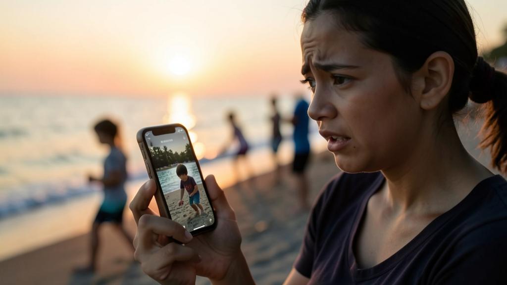 Une femme regarde son smartphone avec une expression inquiète, affichant une photo d'un jeune enfant sur une plage au coucher du soleil.