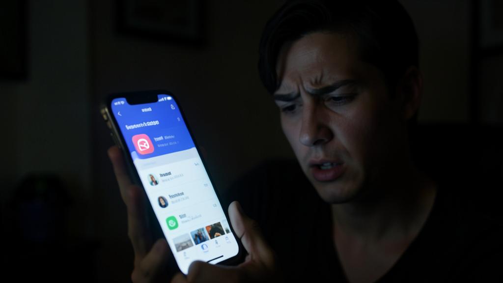 Un homme inquiet regarde son smartphone affichant une liste d'applications.