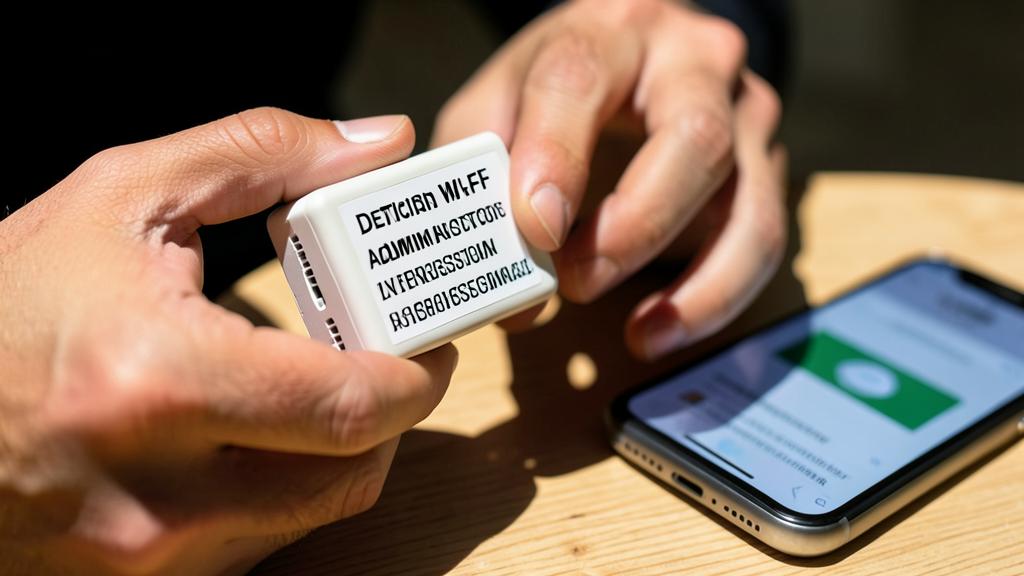Una persona sostiene un pequeño dispositivo con credenciales de inicio de sesión predeterminadas impresas, junto a un smartphone mostrando una pantalla de configuración.