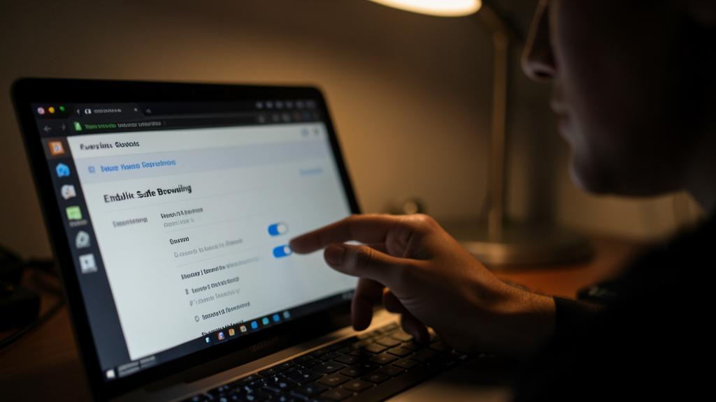 Une personne utilise un ordinateur portable dans une pièce faiblement éclairée, pointant vers des paramètres de sécurité du navigateur.