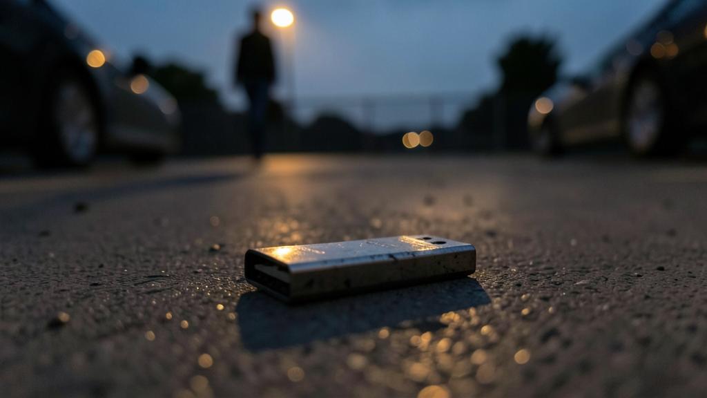 Ein USB-Stick liegt auf einer dunklen Asphaltfläche in der Nacht, mit einer verschwommenen Figur und Autos im Hintergrund.