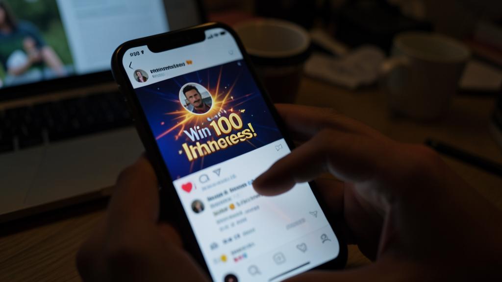 Una mano sostiene un smartphone mostrando un concurso falso con una celebridad.