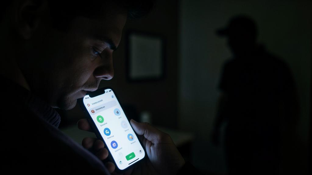 Un homme regarde son smartphone dans une pièce sombre, avec une silhouette menaçante en arrière-plan.