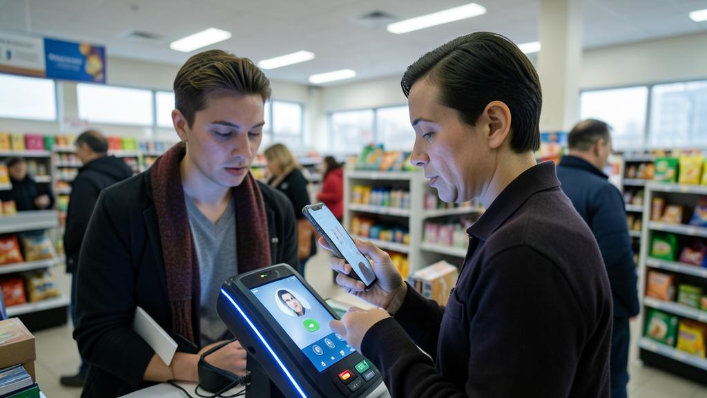 Une femme utilise un smartphone pour valider un paiement en magasin, un homme observe.