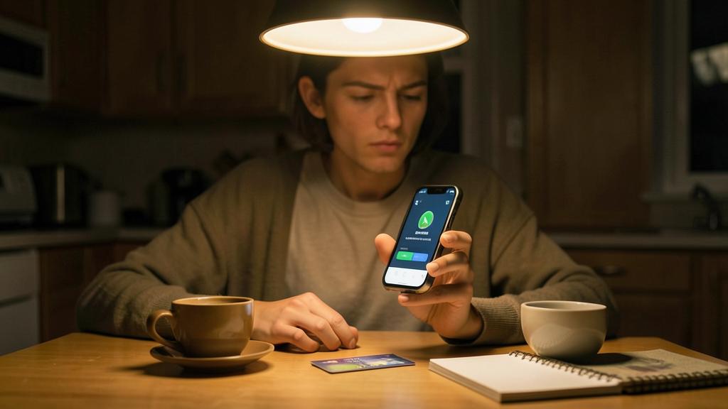 Un joven mira su smartphone que muestra una llamada, con una tarjeta de crédito y un cuaderno cerca.