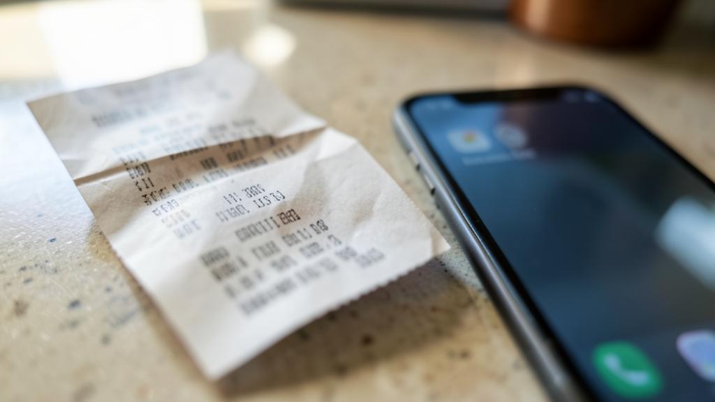 Un reçu froissé à côté d'un smartphone sur un plan de travail.