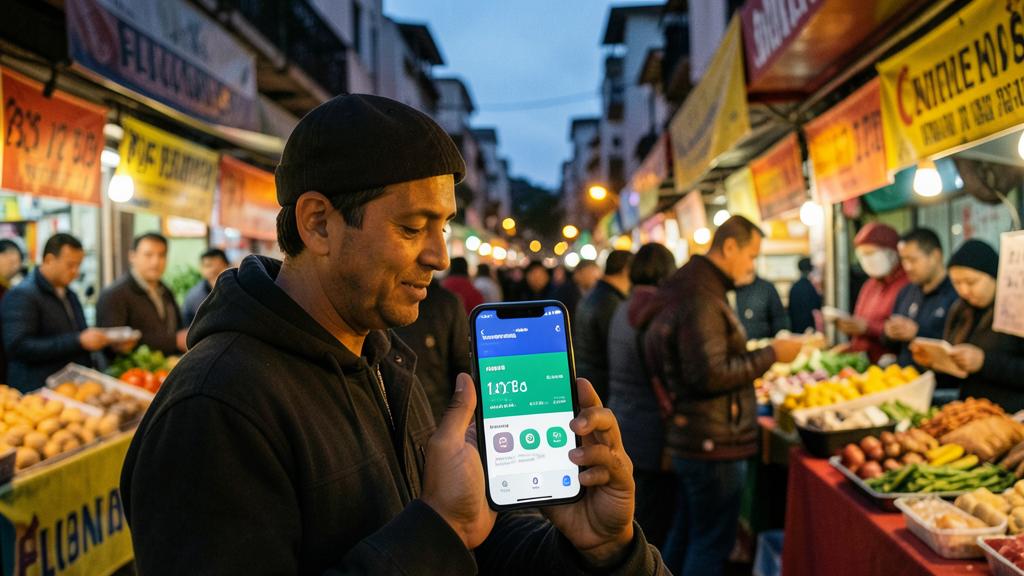 Un homme dans un marché utilise un smartphone affichant une appli de conversion de devises.