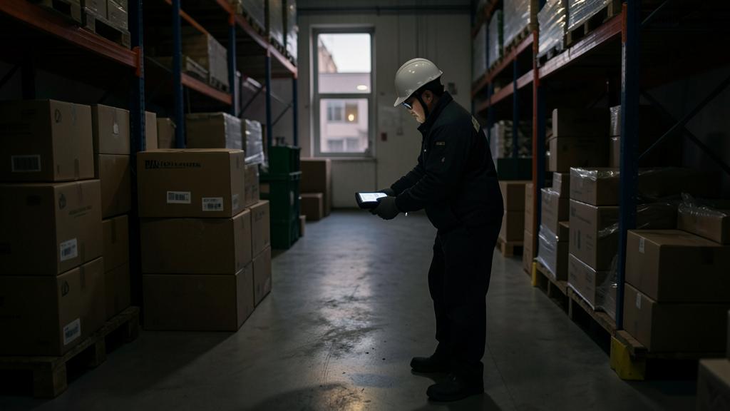 Un employé de entrepôt en casque dur scanne un inventaire dans une allée mal éclairée.