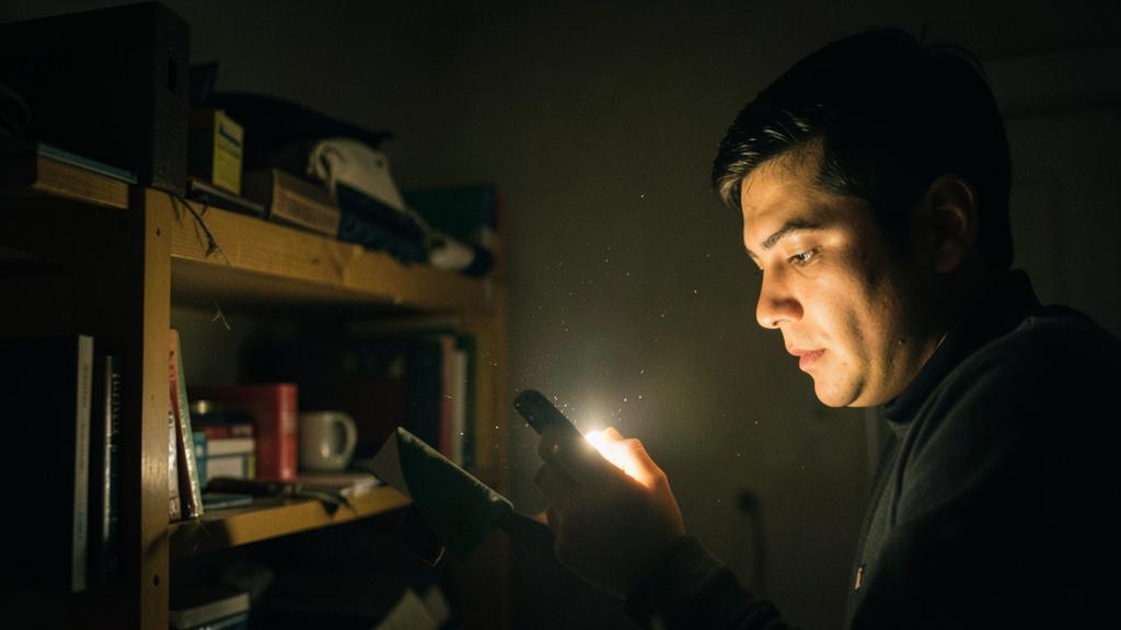 Un hombre ilumina un pequeño objeto con la linterna de su teléfono inteligente en una habitación oscura.