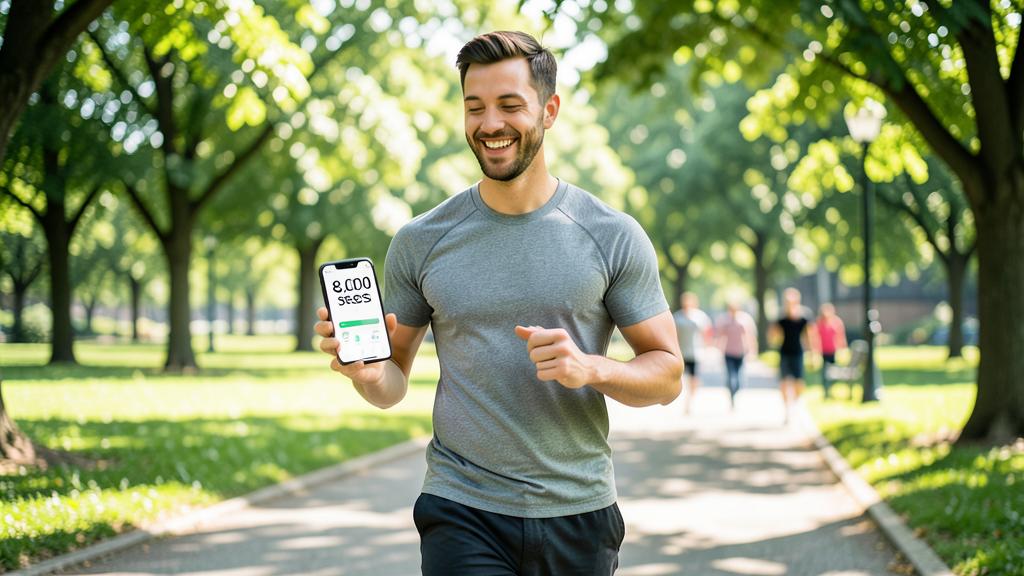 Un homme court dans un parc en tenant un smartphone affichant un compteur de pas à 8 000.
