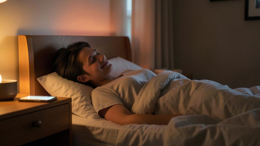 Una persona duerme tranquilamente con un smartphone encendido en la mesita de noche.