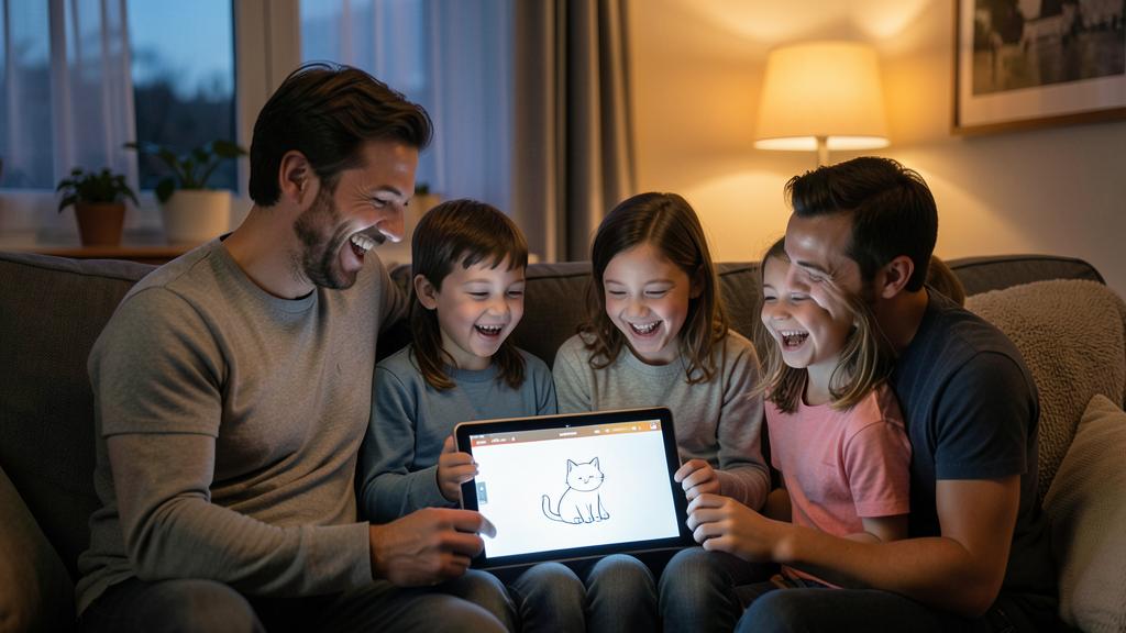 Eine Familie mit vier Personen lacht und schaut auf ein Tablet mit einer Katzenzeichnung.