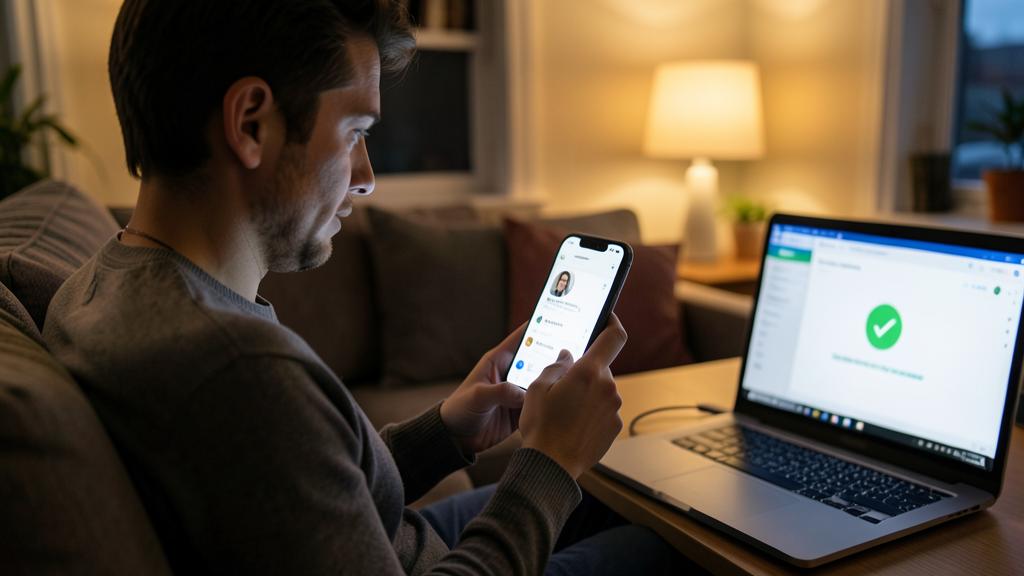A man scans a QR code on a laptop screen with his smartphone.