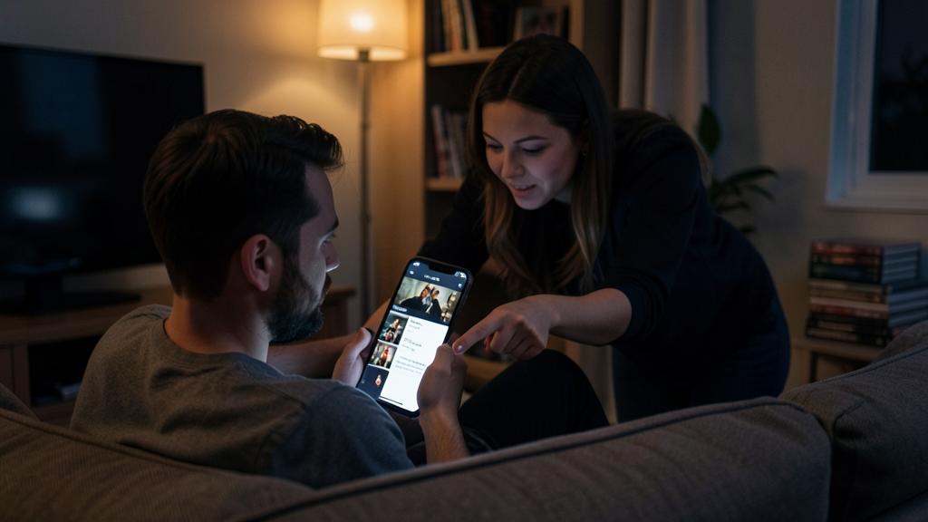 Un hombre y una mujer miran una lista de películas y series en un smartphone.