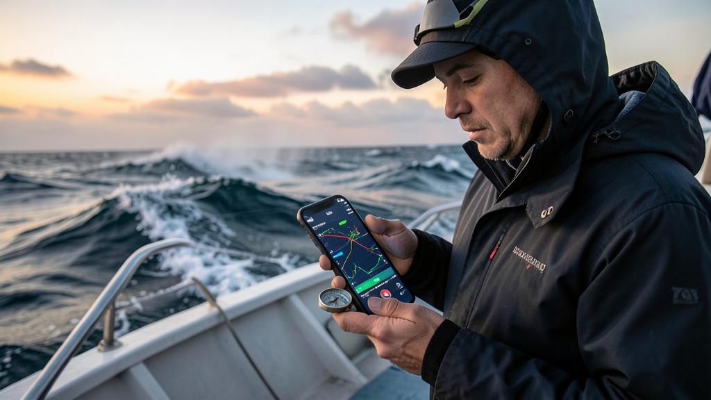 Ein Mann in einer Regenjacke schaut auf ein Smartphone mit einer Wetter- oder Navigations-App auf einem Boot auf See beim Sonnenuntergang.