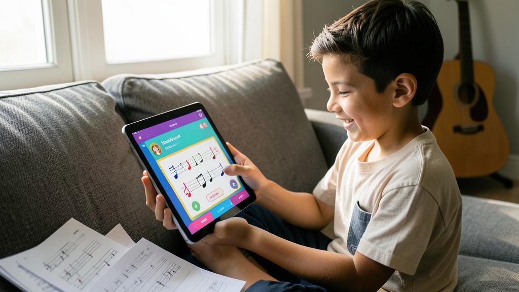 Un jeune garçon sourit en utilisant une tablette avec une application de musique, des partitions sur les genoux.