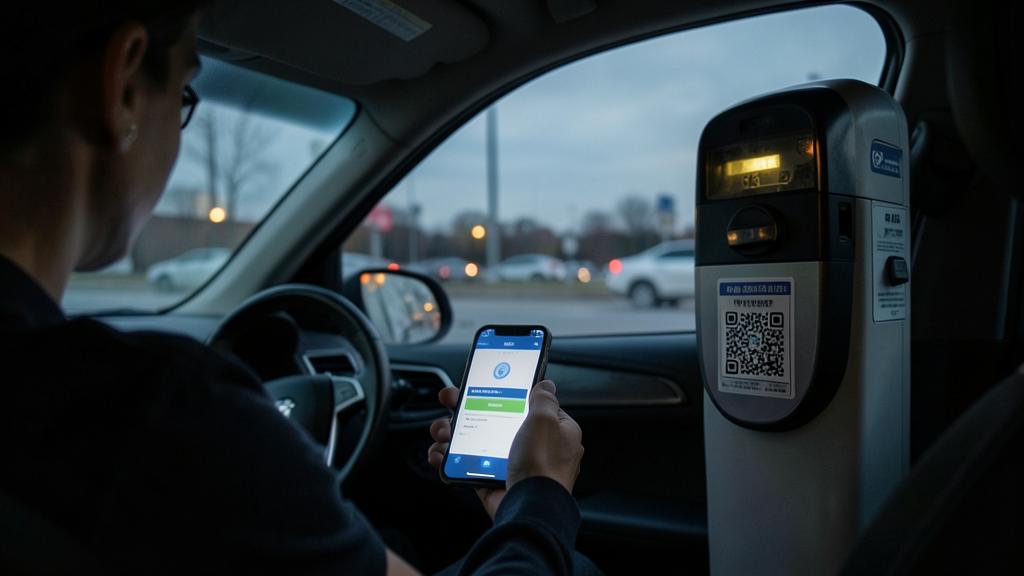 Eine Person zahlt mit dem Smartphone fürs Parken, indem sie einen QR-Code scannt.