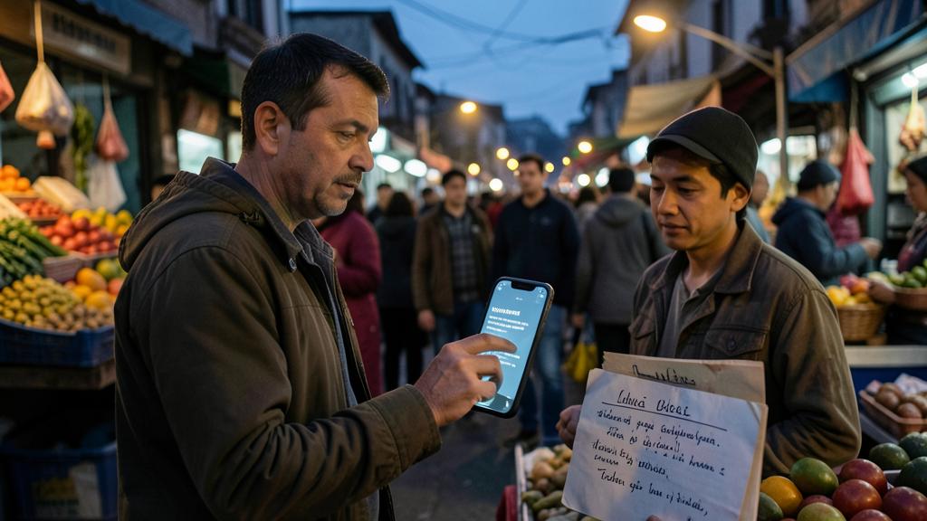 A man uses a smartphone to translate a handwritten sign held by a vendor.