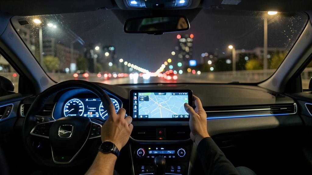 Une personne conduit de nuit, utilisant une tablette avec une carte de navigation sur le tableau de bord.