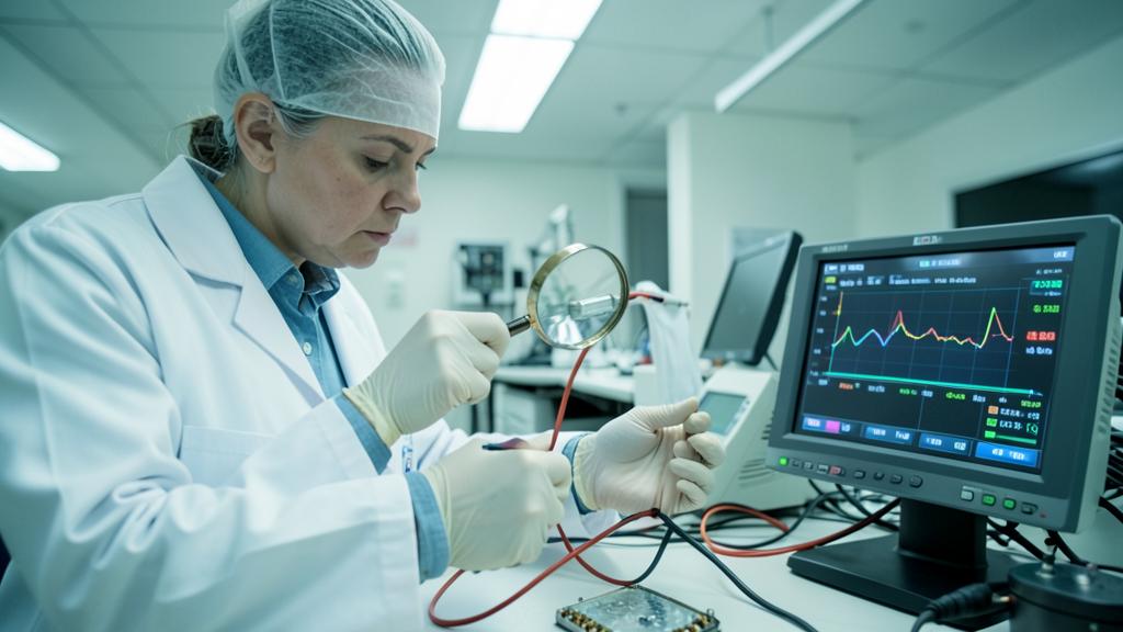 Una científica examina un componente electrónico conectado a una placa de circuito, con un gráfico de datos en la pantalla.