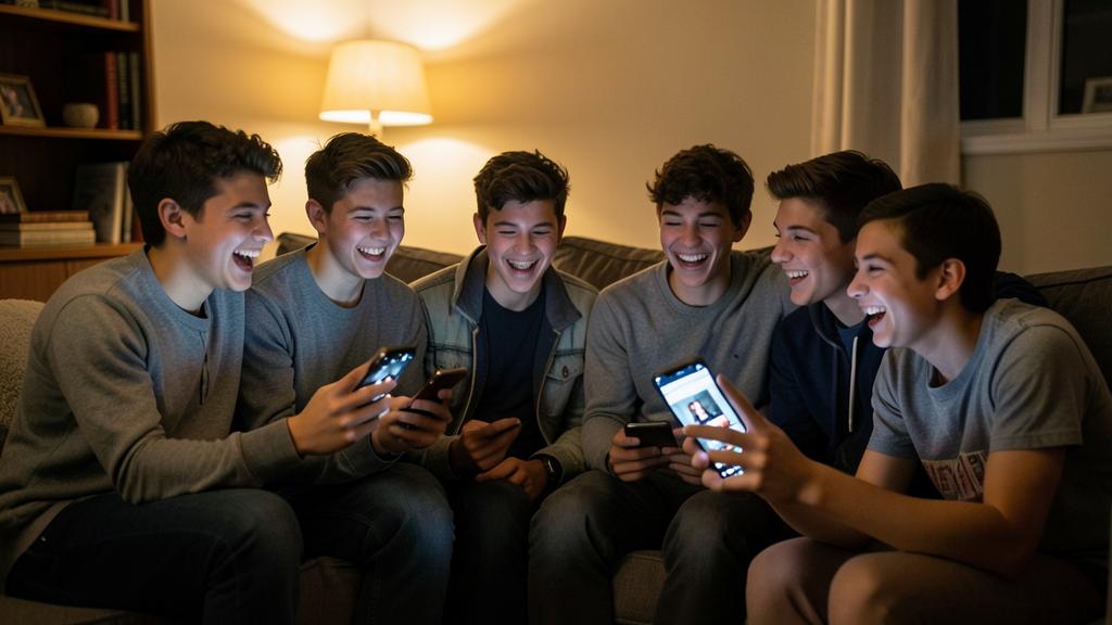 Five teenage boys are sitting on a couch, laughing and looking at their smartphones in a dimly lit room.