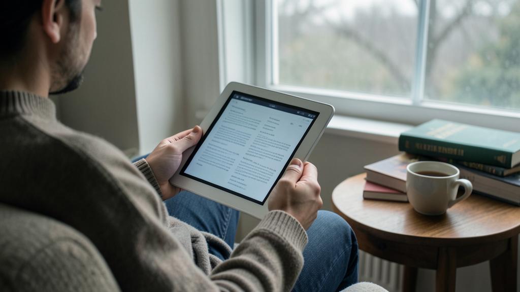 Ein Mann liest ein Buch auf einem Tablet-Computer.