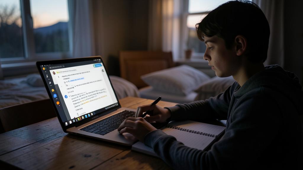 Un jeune utilise un stylet sur un ordinateur portable tout en prenant des notes dans un cahier.