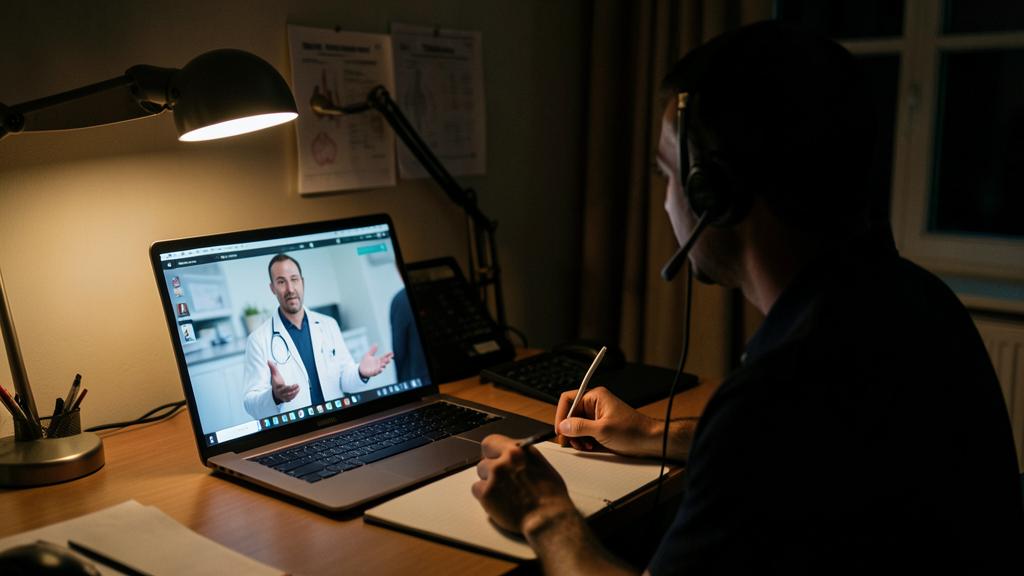 Une personne porte un casque et consulte un médecin sur un ordinateur portable.