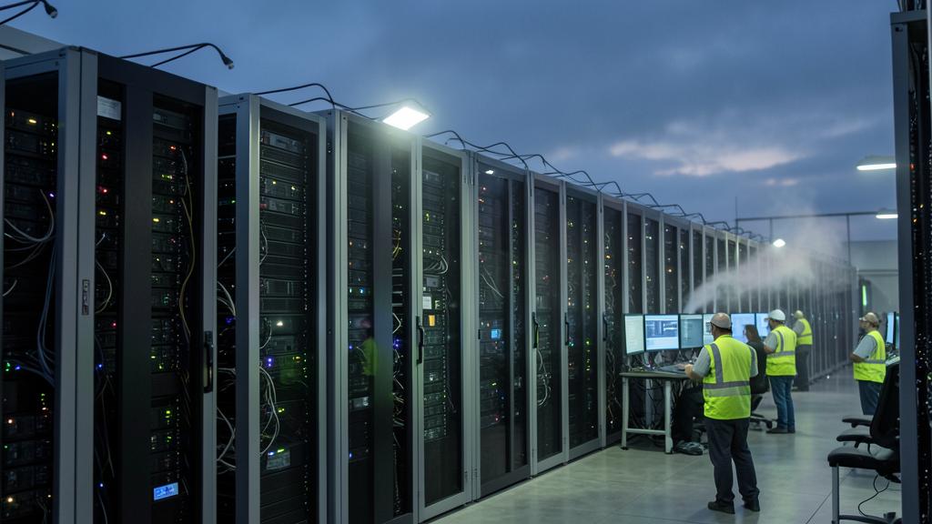 Un centre de données avec des rangées de serveurs, des techniciens en gilets de sécurité et un brouillard de refroidissement.